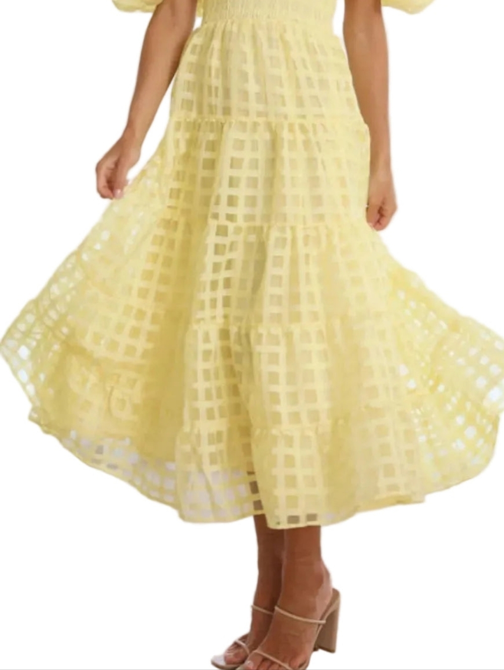 Off Shoulder Short Puff Sleeve Elastic Smocked Bodice Tiered A-line Midi Dress - Picture 13 of 14